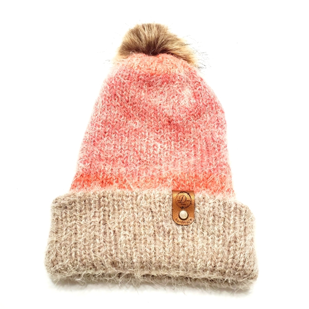 Sweet Dreams Knitting Women's Winter Beanie Hat Pink and Tan With Pom